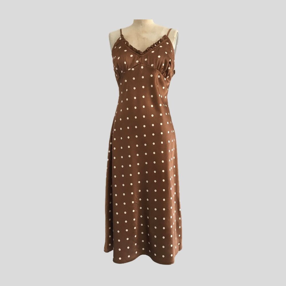 Japna Brown Satin Polka Dot Retro Slip Dress Womens Small 90s Minimalist Midi